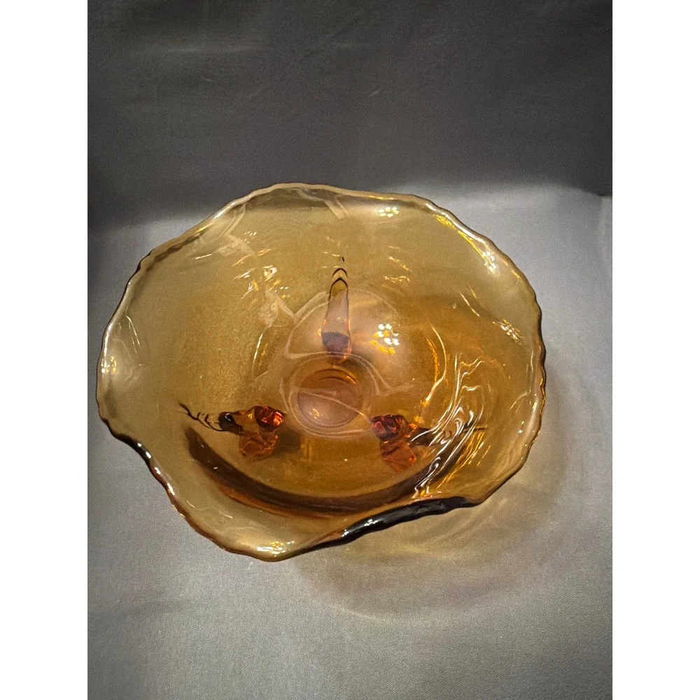 Vintage Amber Glass Three Footed Bowl Ruffled Crimped Edge Candy Dish Decor